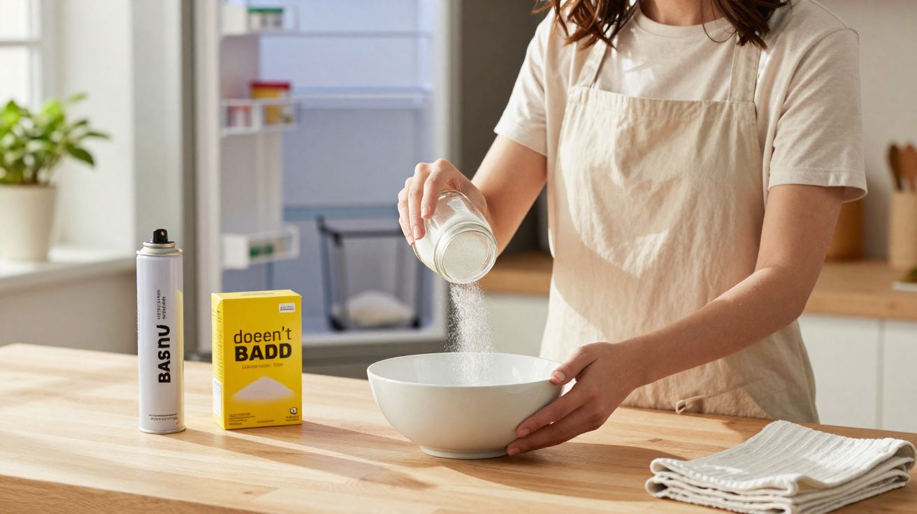 Pessoa em avental despejando açúcar em tigela na cozinha, com produtos sobre bancada de madeira.