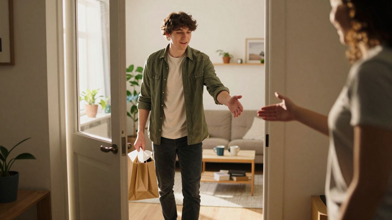 Jovem entrando em casa com sacola, cumprimentando outra pessoa com gesto de mão estendida.