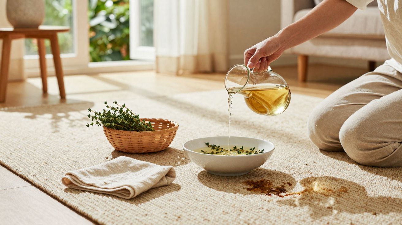 Pessoa derrama líquido em tigela com ervas sobre tapete claro, ao lado de pano branco e cesta com ervas.