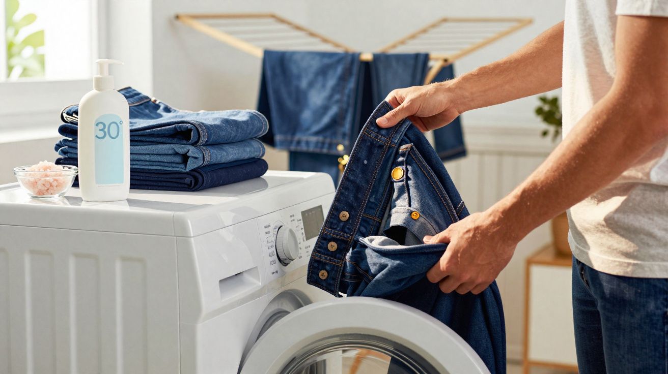 Pessoa colocando calça jeans para lavar em máquina com roupas dobradas e varal ao fundo.