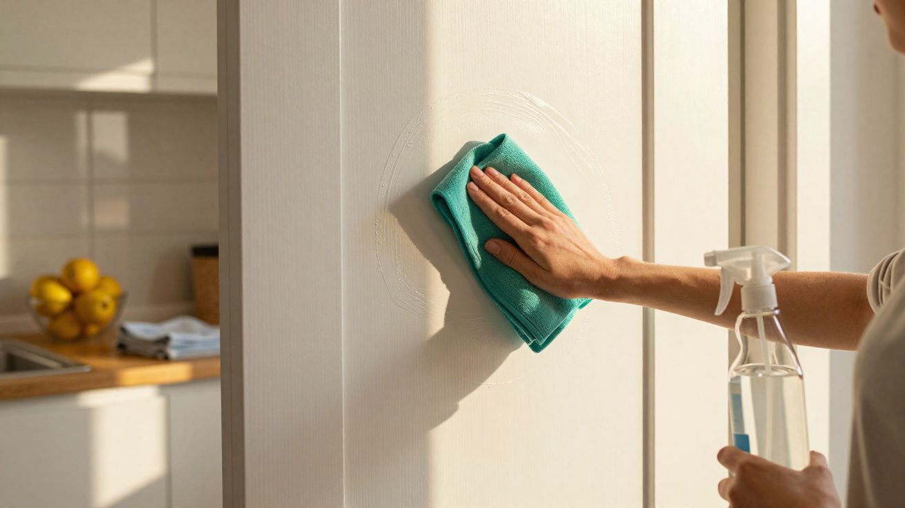 Pessoa limpando porta branca com pano verde e borrifador em cozinha iluminada pelo sol.