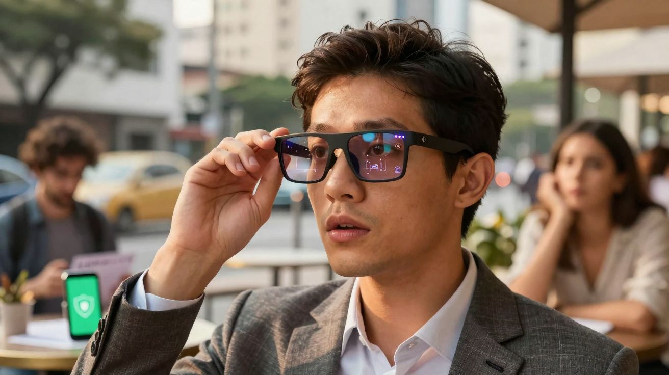 Homem de terno usando óculos inteligentes com interface digital em ambiente externo urbano.