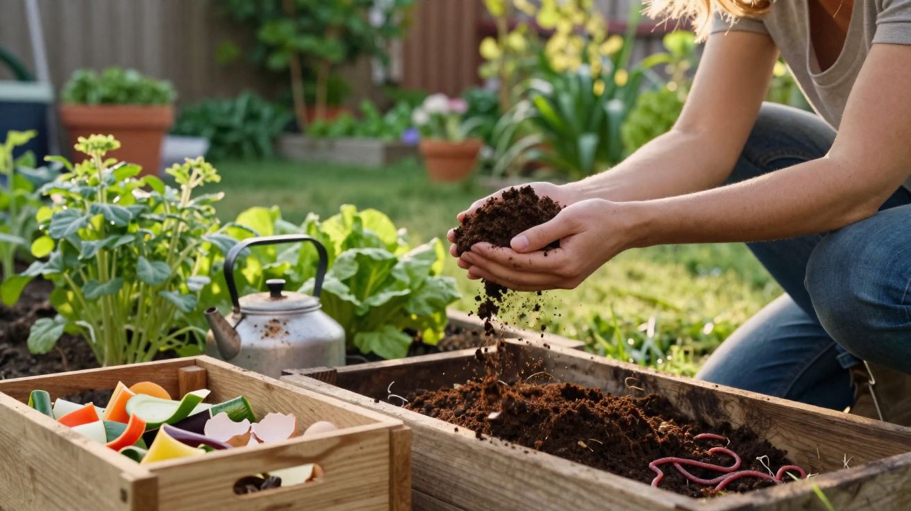 Pessoa adiciona terra em caixa de madeira para compostagem em jardim caseiro.
