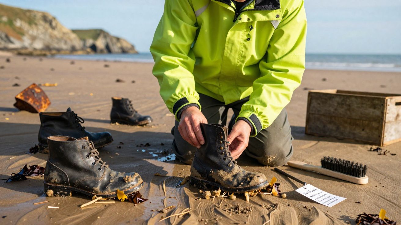 Pessoa com jaqueta verde limpa botas sujas na areia da praia durante o dia.