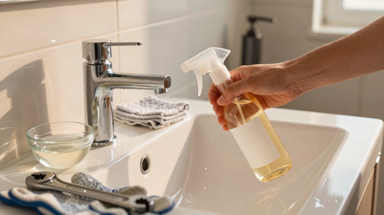 Pessoa segurando frasco borrifador para limpar pia branca em banheiro iluminado por luz natural.