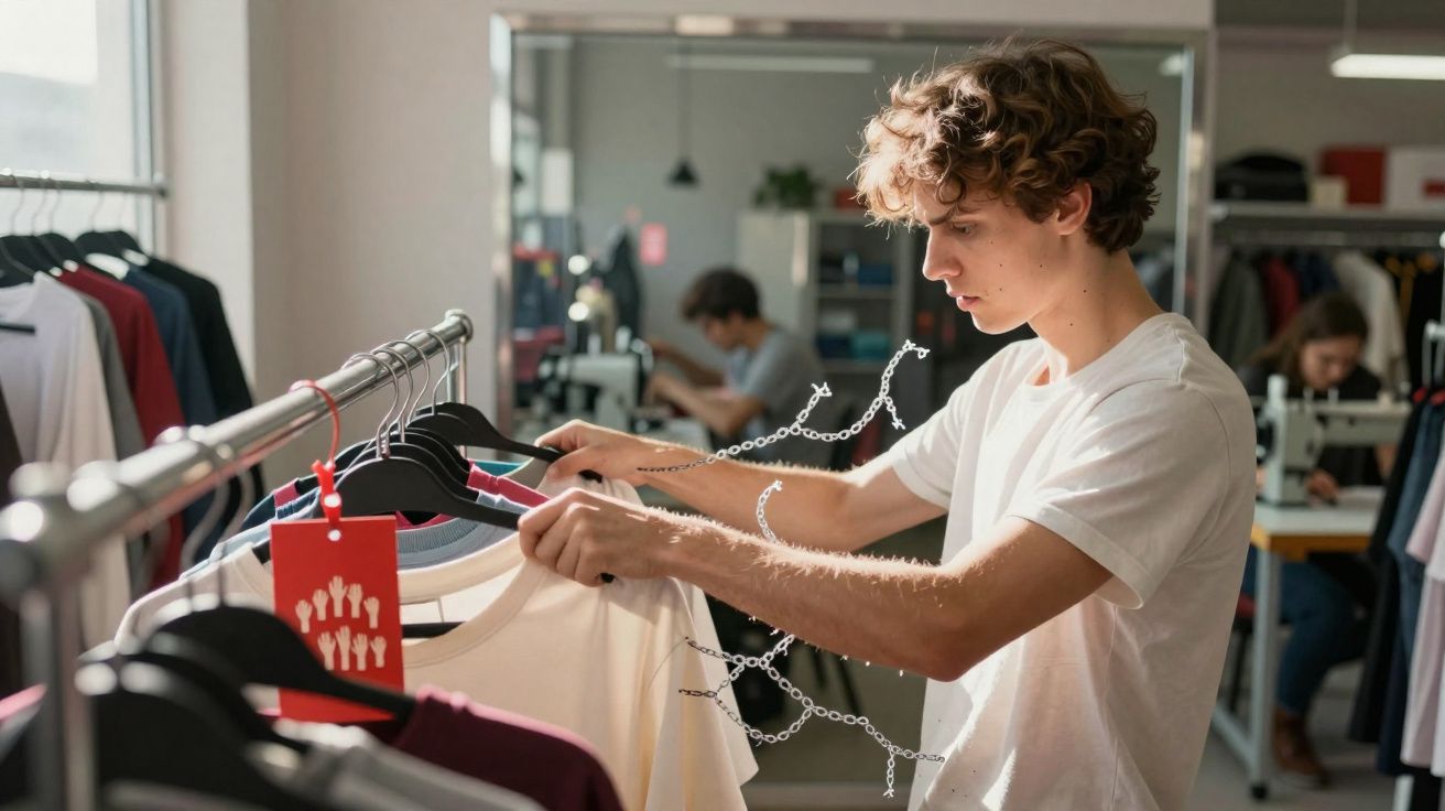 Jovem com camiseta branca escolhendo roupas em cabideiro dentro de loja ou ateliê de moda.