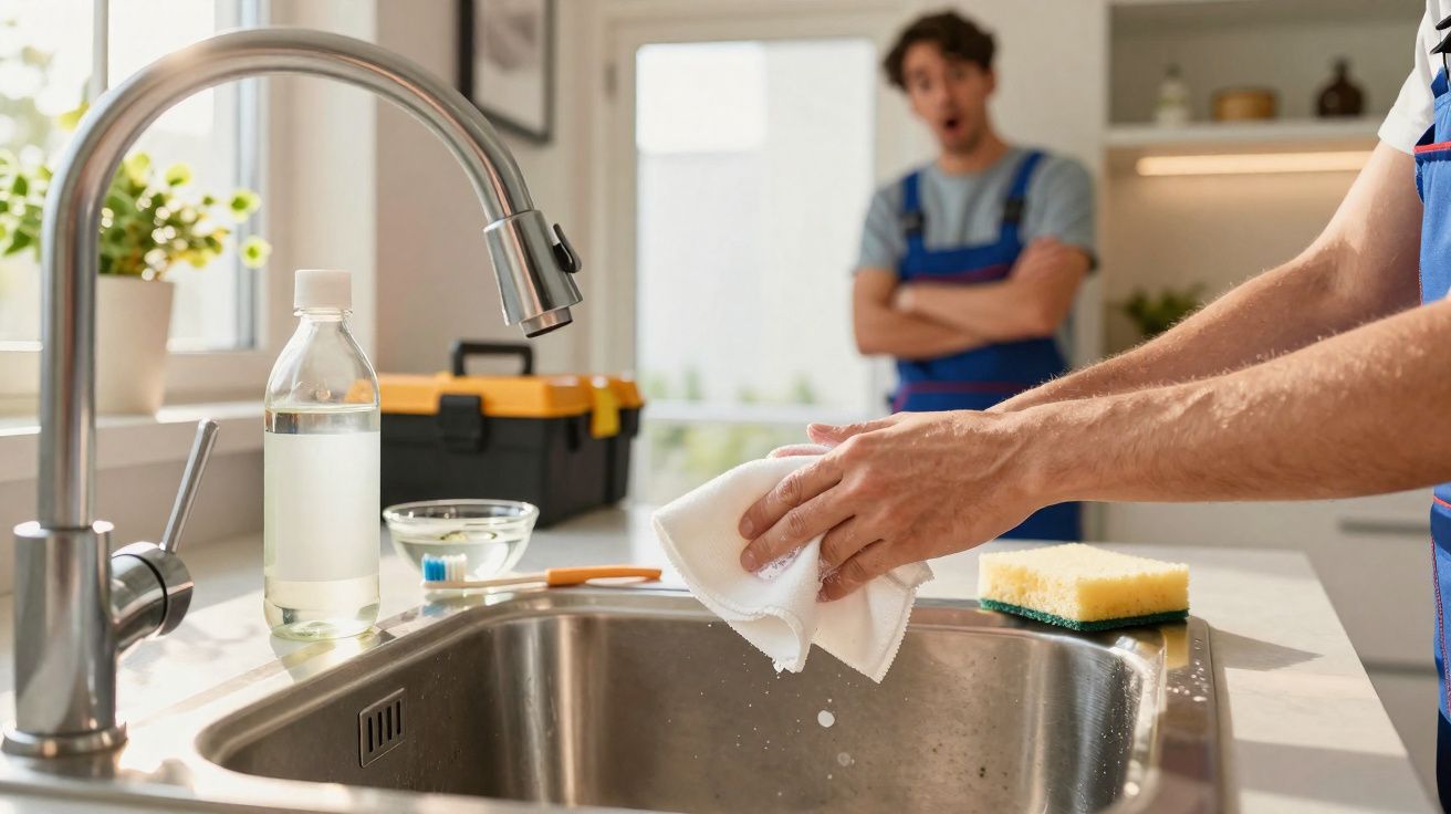 Pessoa limpando pia de cozinha com pano branco enquanto outra observa surpresa ao fundo.