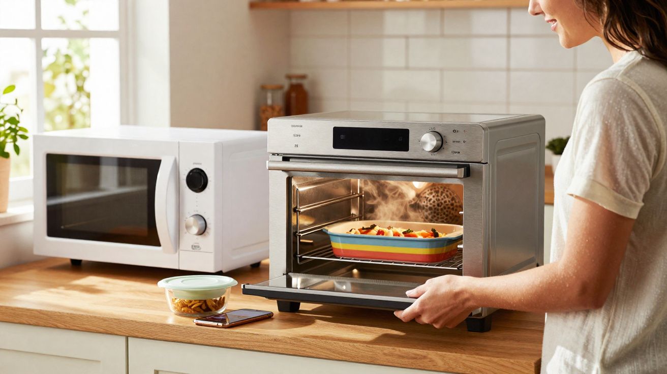 Mulher abrindo forno elétrico com travessa colorida com comida dentro em cozinha iluminada.