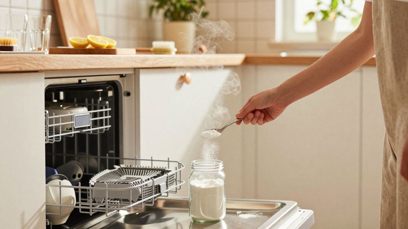 Pessoa colocando pó de detergente na colher ao lado de lava-louças aberto em cozinha iluminada.