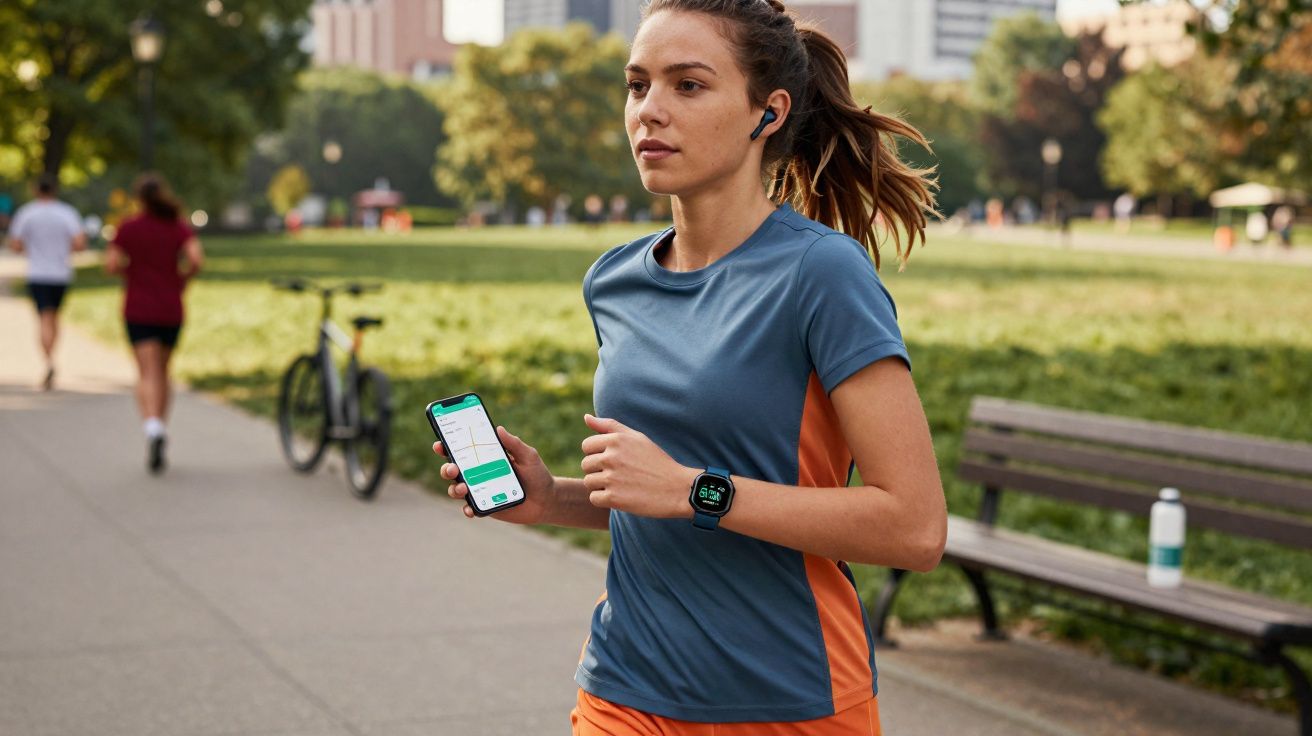 Mulher correndo no parque usando fones de ouvido e smartwatch, segurando celular com app de corrida aberto.