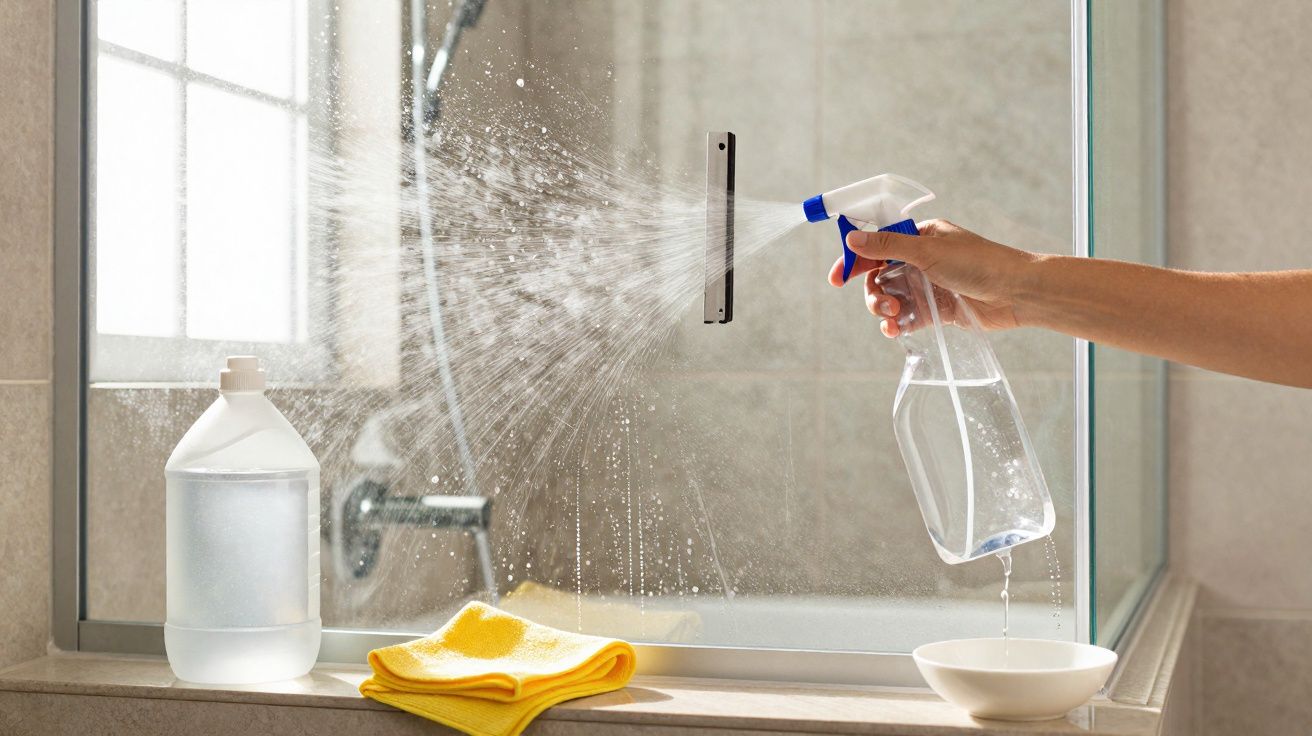 Pessoa borrifando produto de limpeza em vidro de banheiro com frasco spray, pano amarelo e frasco transparente ao lado.