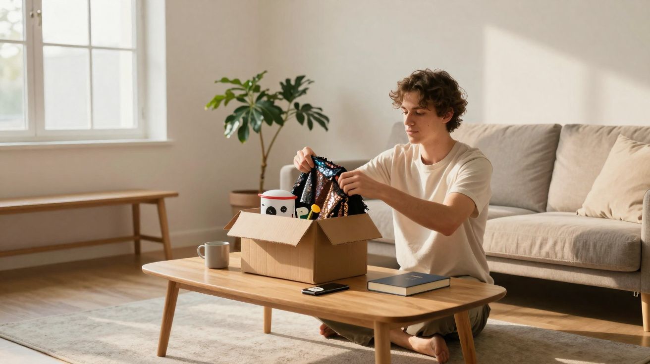 Jovem sentado no chão tirando roupas de caixa de mudança em sala de estar iluminada e decorada.