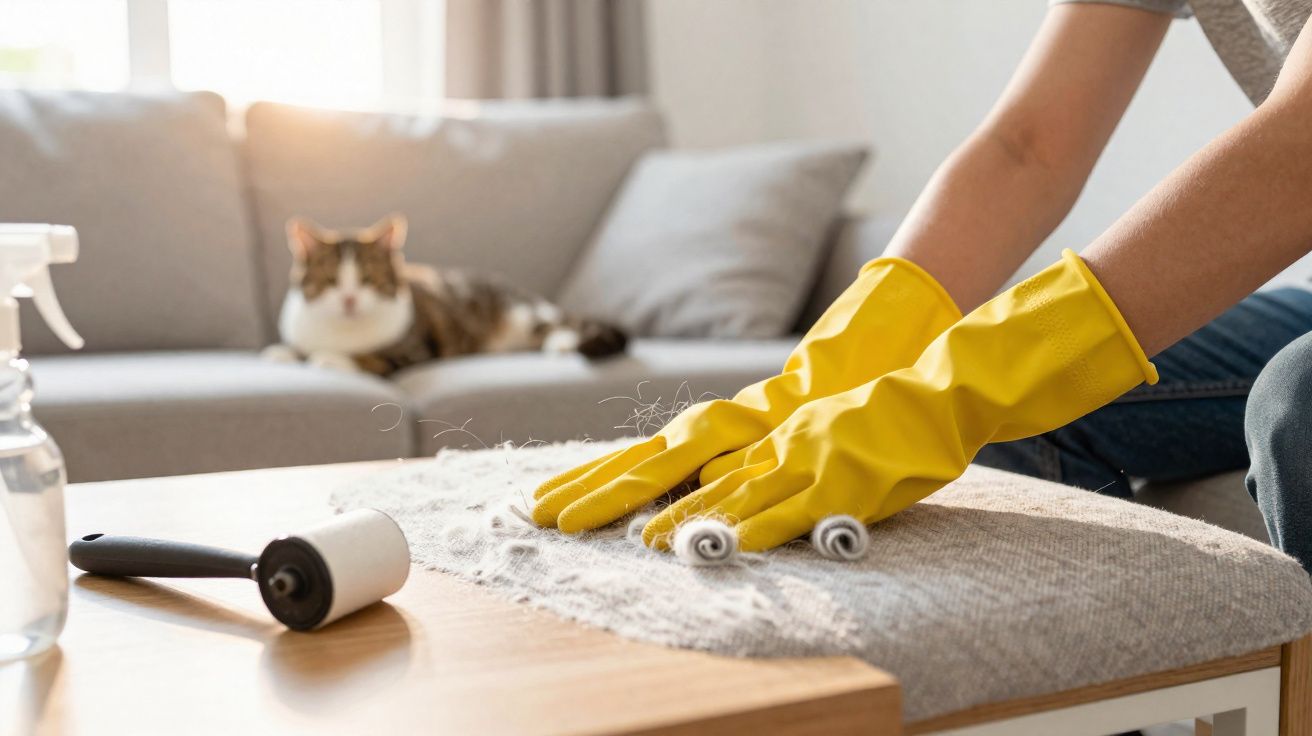 Pessoa usando luvas amarelas removendo pelos de pet de uma almofada, com gato no sofá ao fundo.