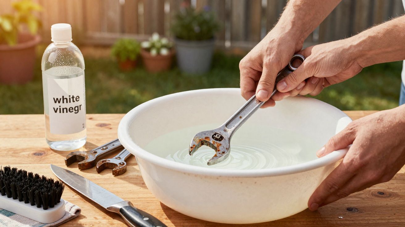 Mãos mergulhando chave inglesa enferrujada em tigela com água para limpeza, com vinagre branco e escova ao lado.