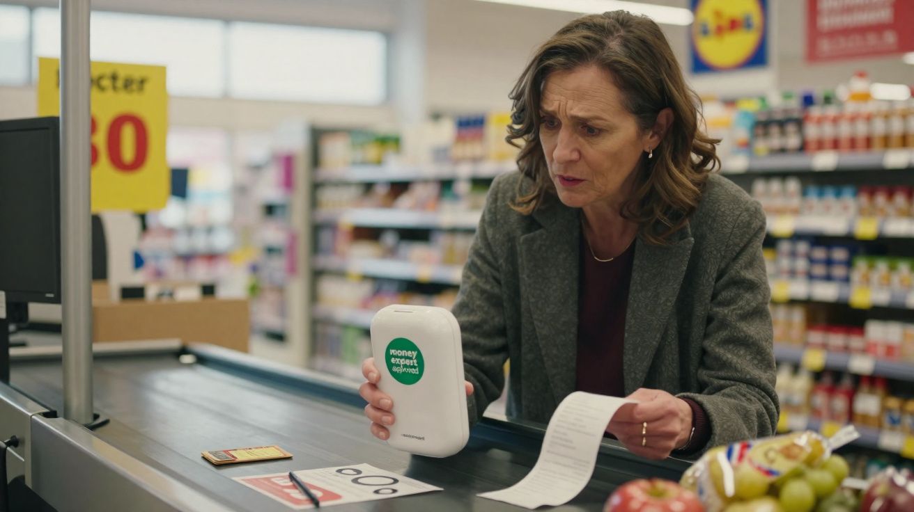 Mulher em supermercado analisando a conta enquanto segura aparelho de pagamento móvel.
