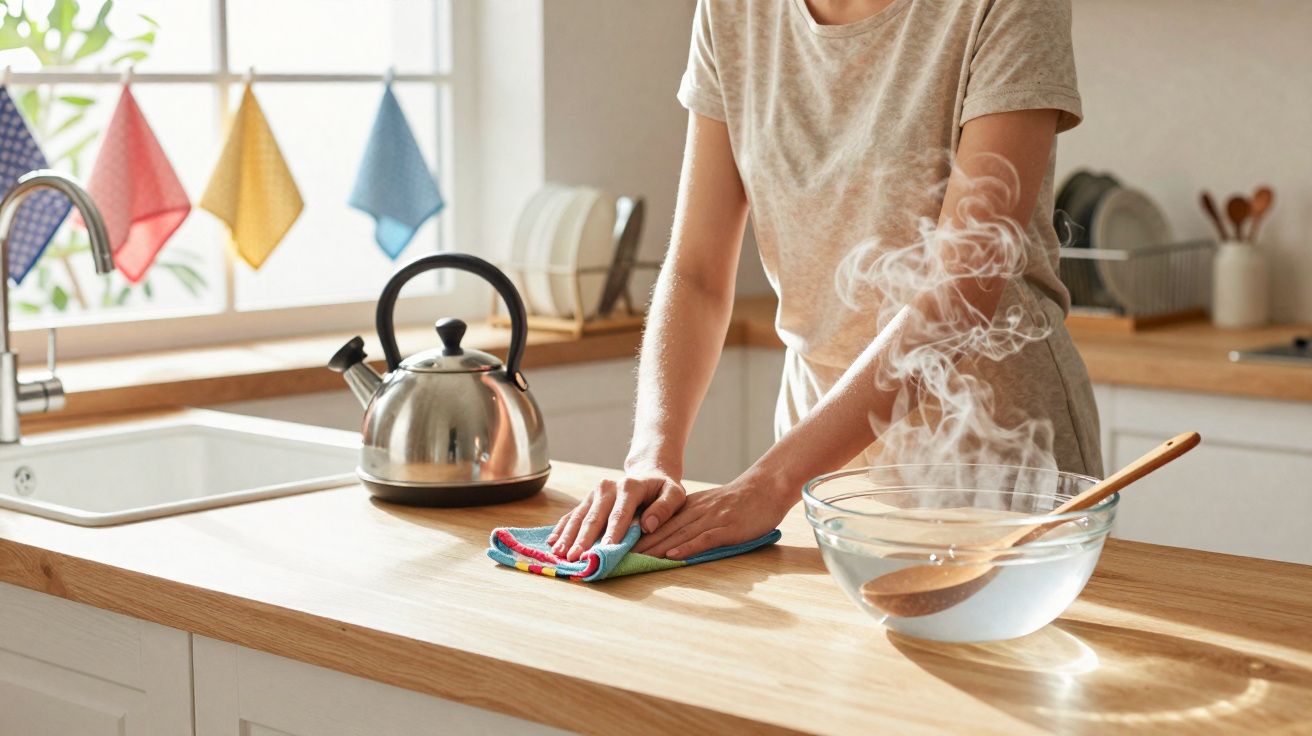 Pessoa limpando bancada de cozinha clara com pano colorido, chaleira e recipiente com água quente e fumaça.