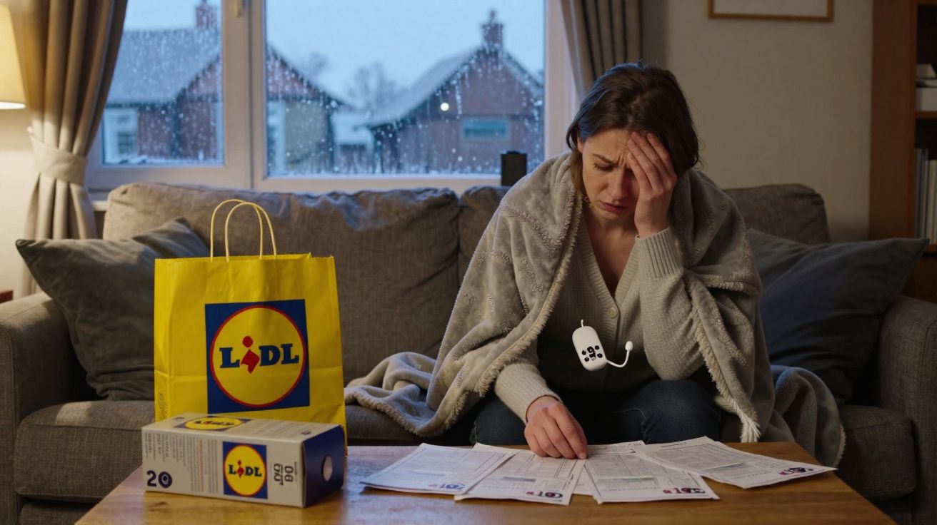 Mulher preocupada com contas, coberta por cobertor no sofá, ao lado de sacola e caixa do supermercado Lidl.