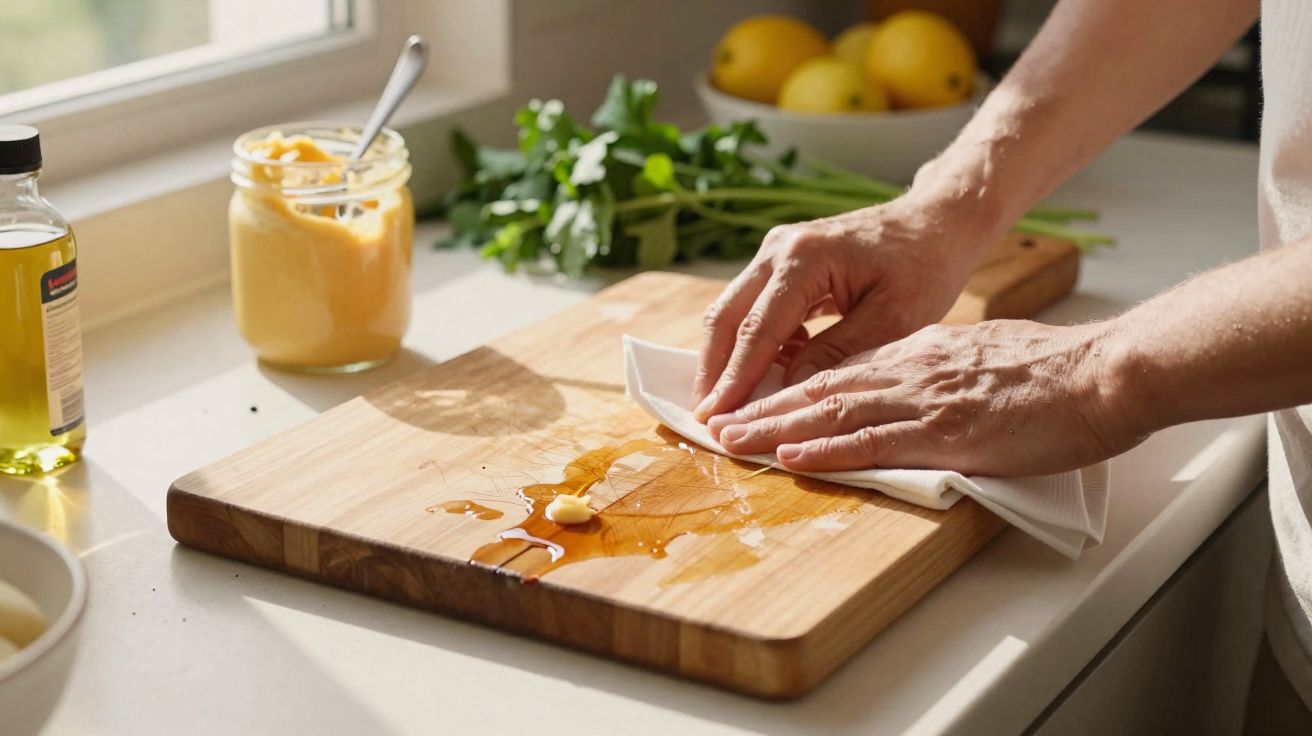 Mãos secando tábua de madeira molhada com pano branco em cozinha iluminada.