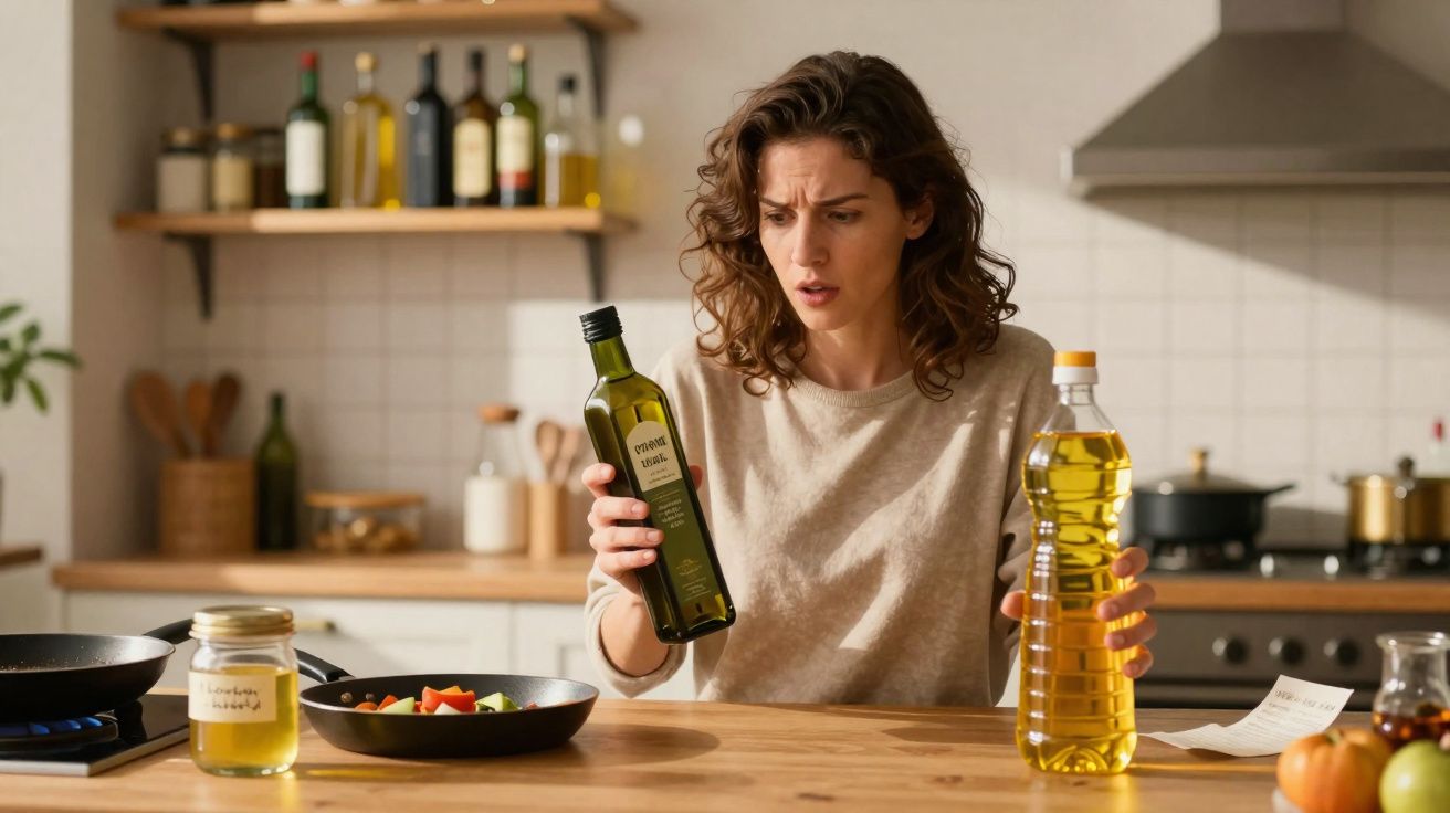 Mulher com expressão de dúvida comparando garrafas de azeite na cozinha enquanto prepara salada.