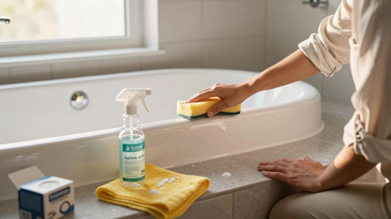 Pessoa limpando a borda de uma banheira branca com esponja amarela, produto de limpeza e pano amarelo ao lado.