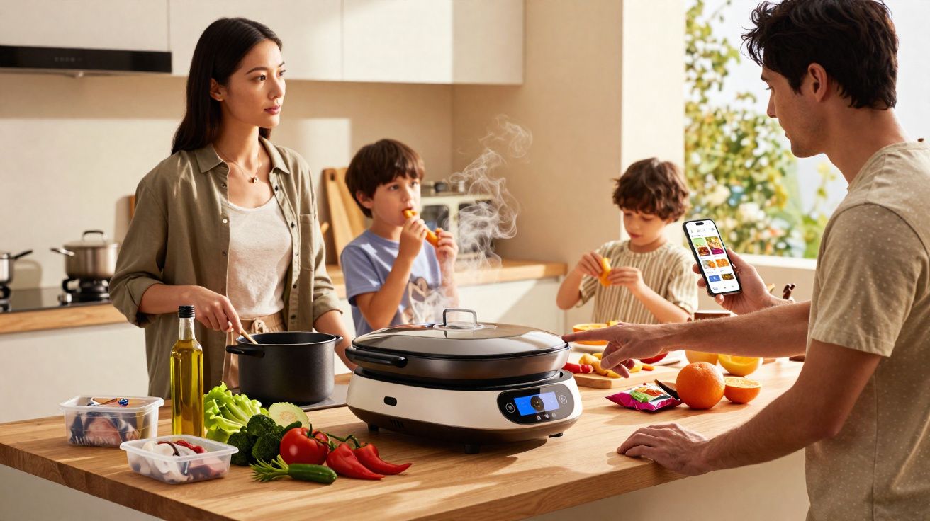 Família na cozinha preparando alimentos juntos, com fogão elétrico e ingredientes frescos na bancada.