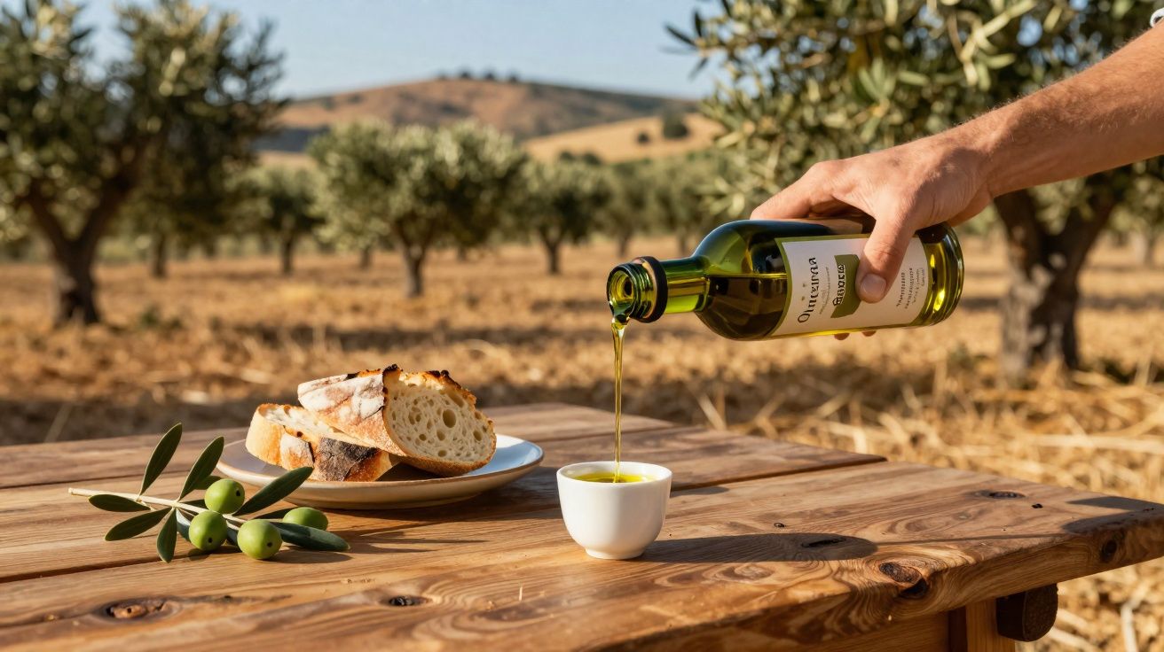 Oliveira em quintal seco, azeite verde sendo servido em xícara, pão rústico e ramo com azeitonas na mesa.