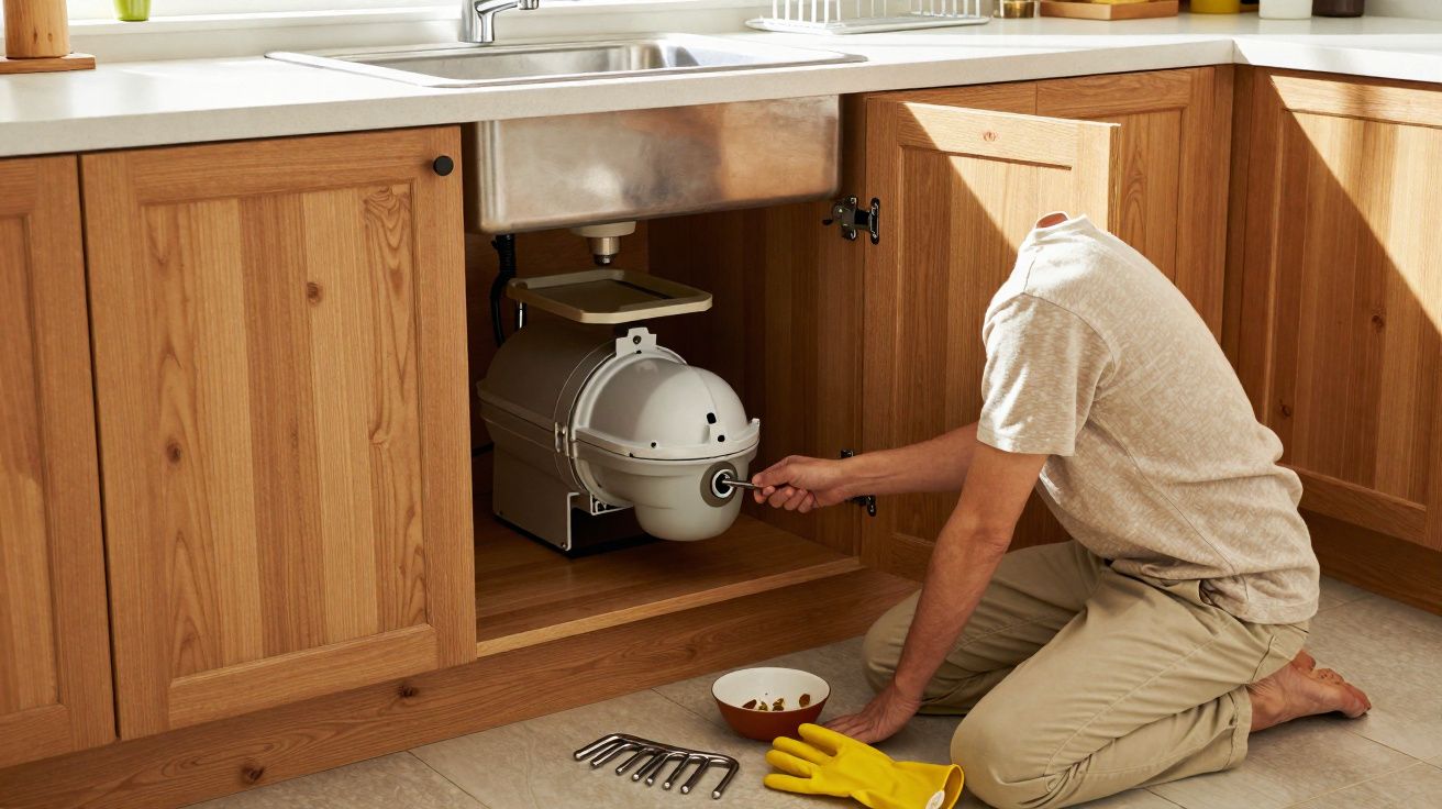 Pessoa vestindo camiseta clara conserta triturador de lixo sob pia de cozinha de madeira.