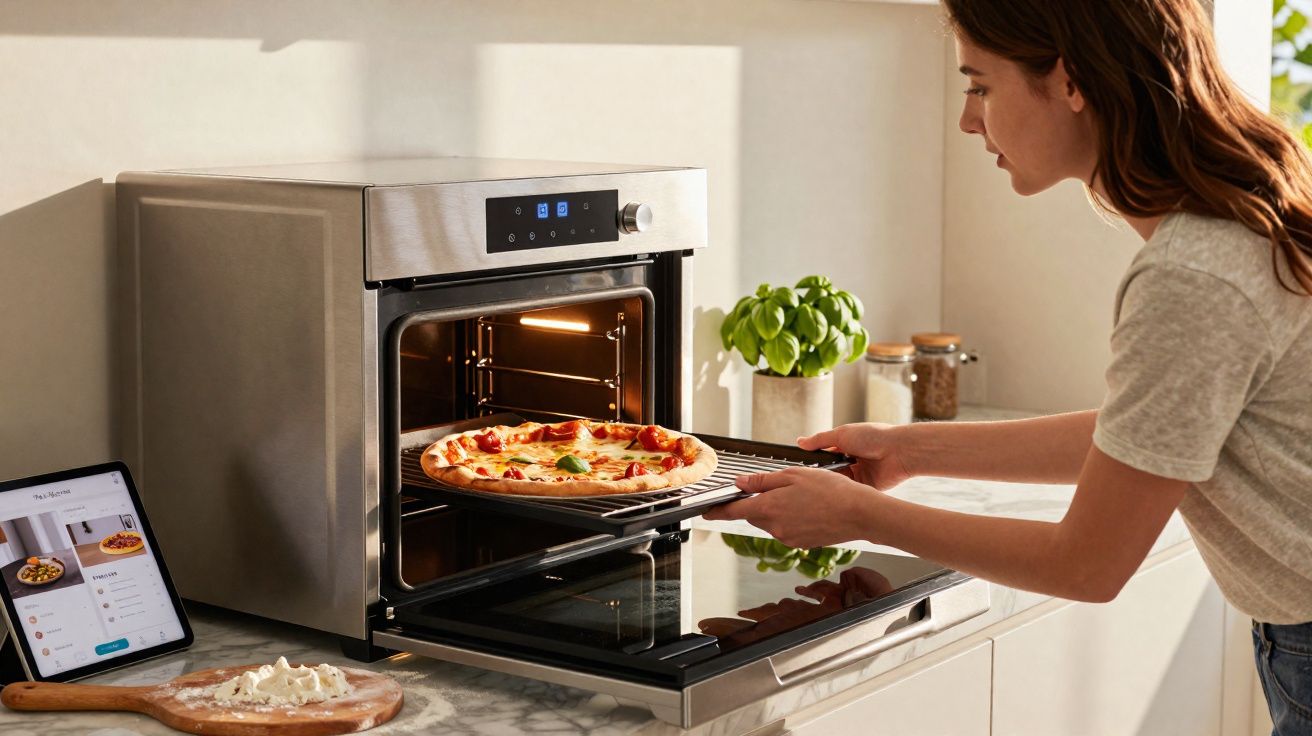 Mulher retirando pizza assada de forno elétrico na bancada de cozinha moderna.