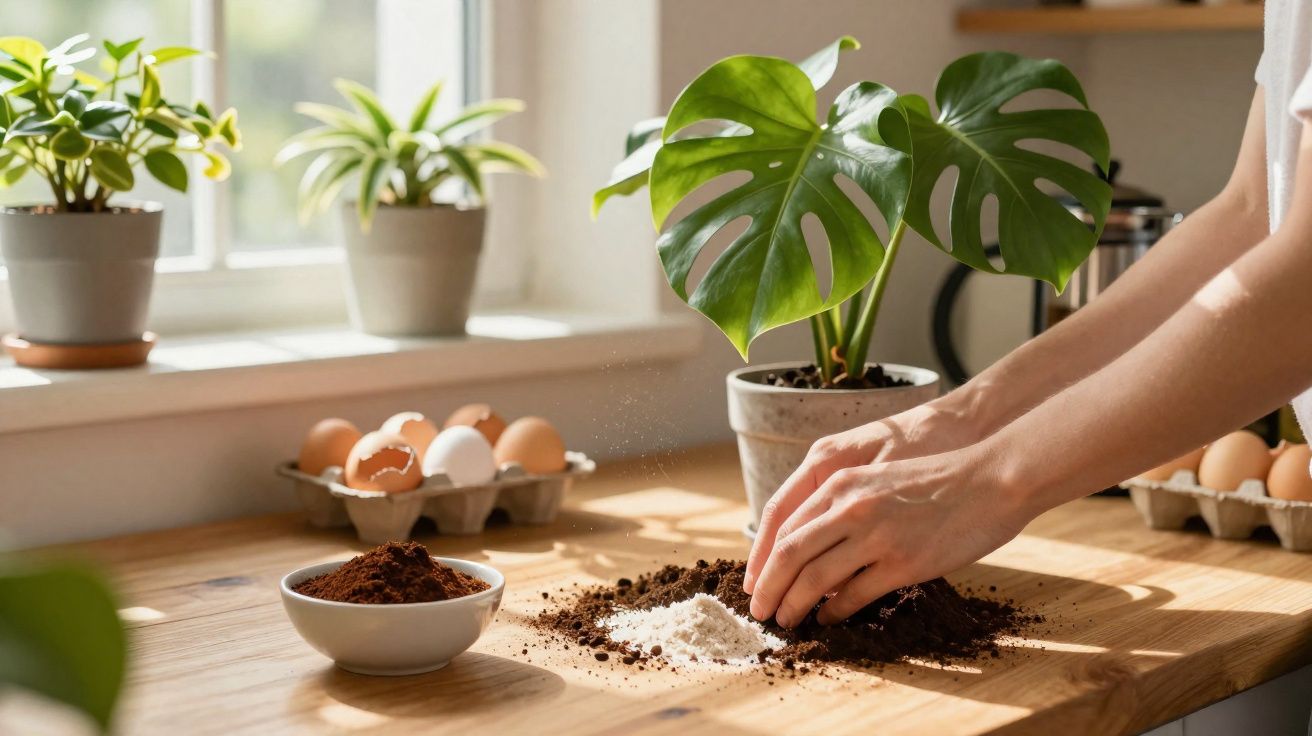 Pessoa mexendo terra e pó branco em bancada de madeira com vasos, ovos e luz natural entrando pela janela.