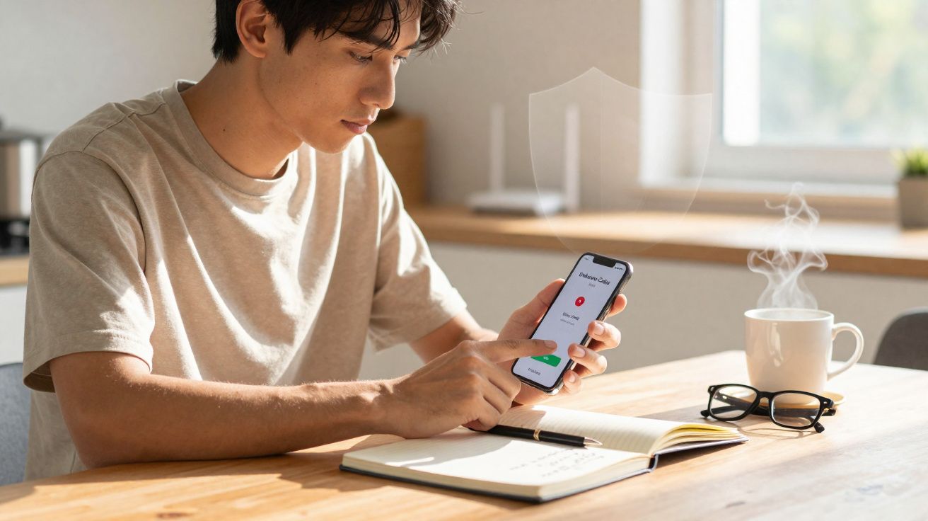 Jovem sentado à mesa usa celular com aplicativo, ao lado caderno, caneta, óculos e xícara de café fumegante.