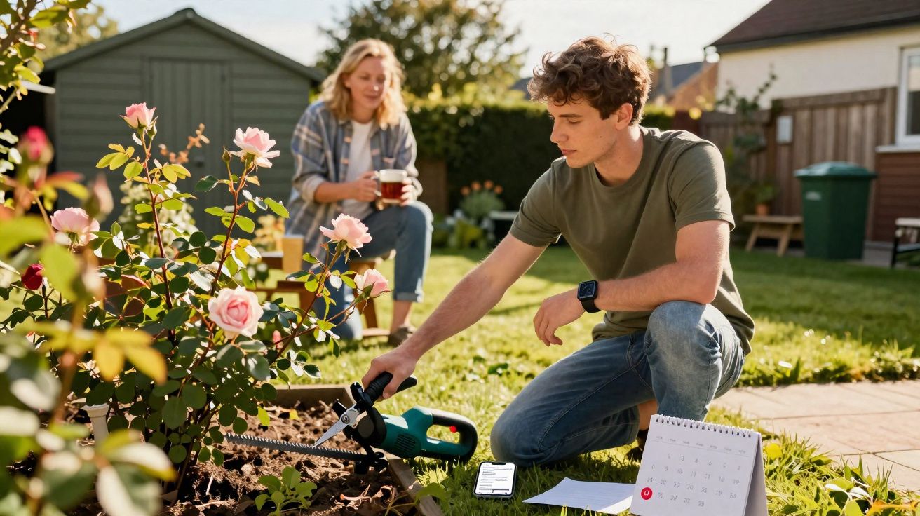 Jovem cuidando do jardim com eletrônicos ao lado enquanto mulher observa sentada no fundo.