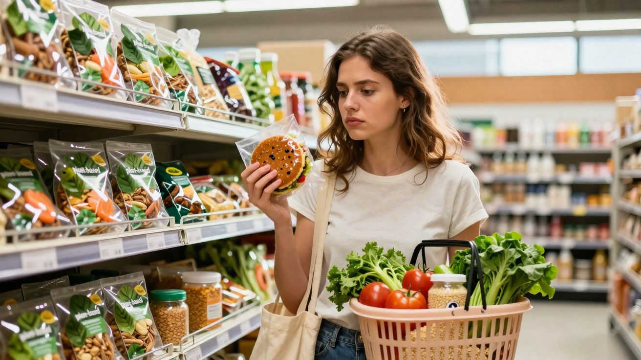 Mulher segura hambúrguer vegano e cesta com verduras ao fazer compras em supermercado.