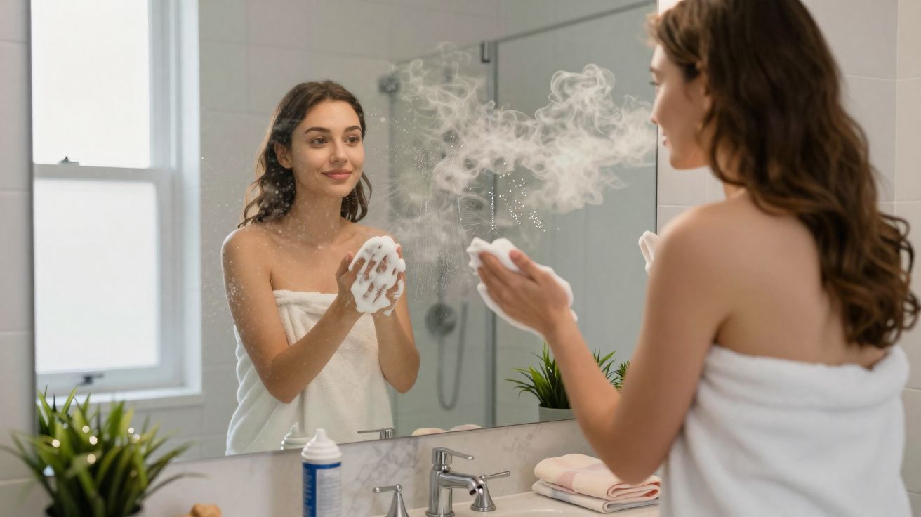 Mulher sorrindo e lavando o rosto com espuma em frente ao espelho no banheiro, com toalha branca.