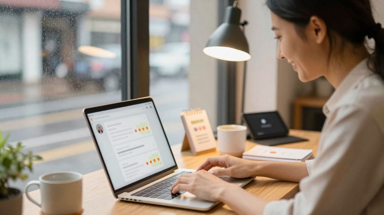 Mulher sorridente usando laptop em mesa de madeira com café, planta e janela mostrando rua chuvosa.