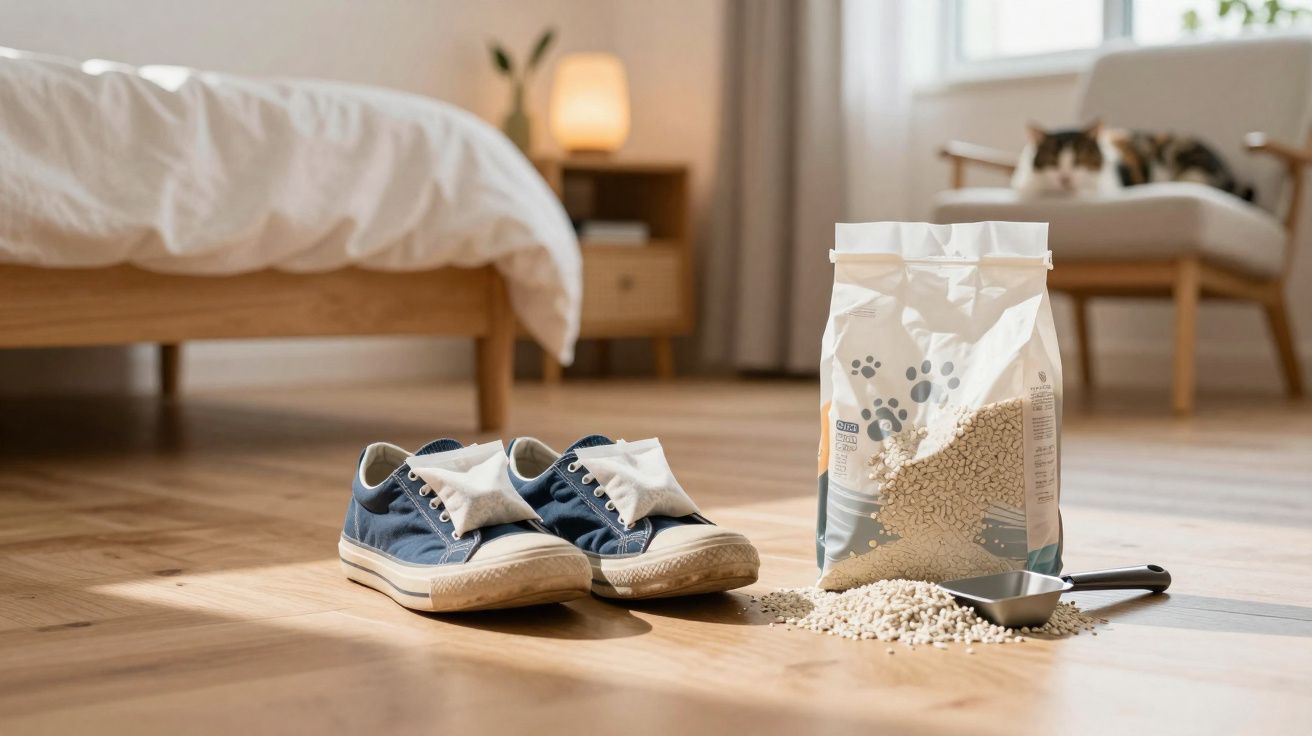 Tênis com sachês desodorizantes próximos a um saco aberto de grânulos sobre piso de madeira em quarto iluminado.
