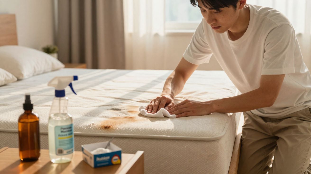 Homem limpando mancha marrom em colchão branco em quarto iluminado pela manhã.