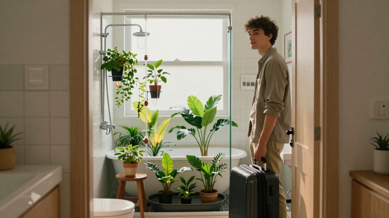 Jovem com mala em banheiro decorado com várias plantas em vasos, iluminado por janela grande.