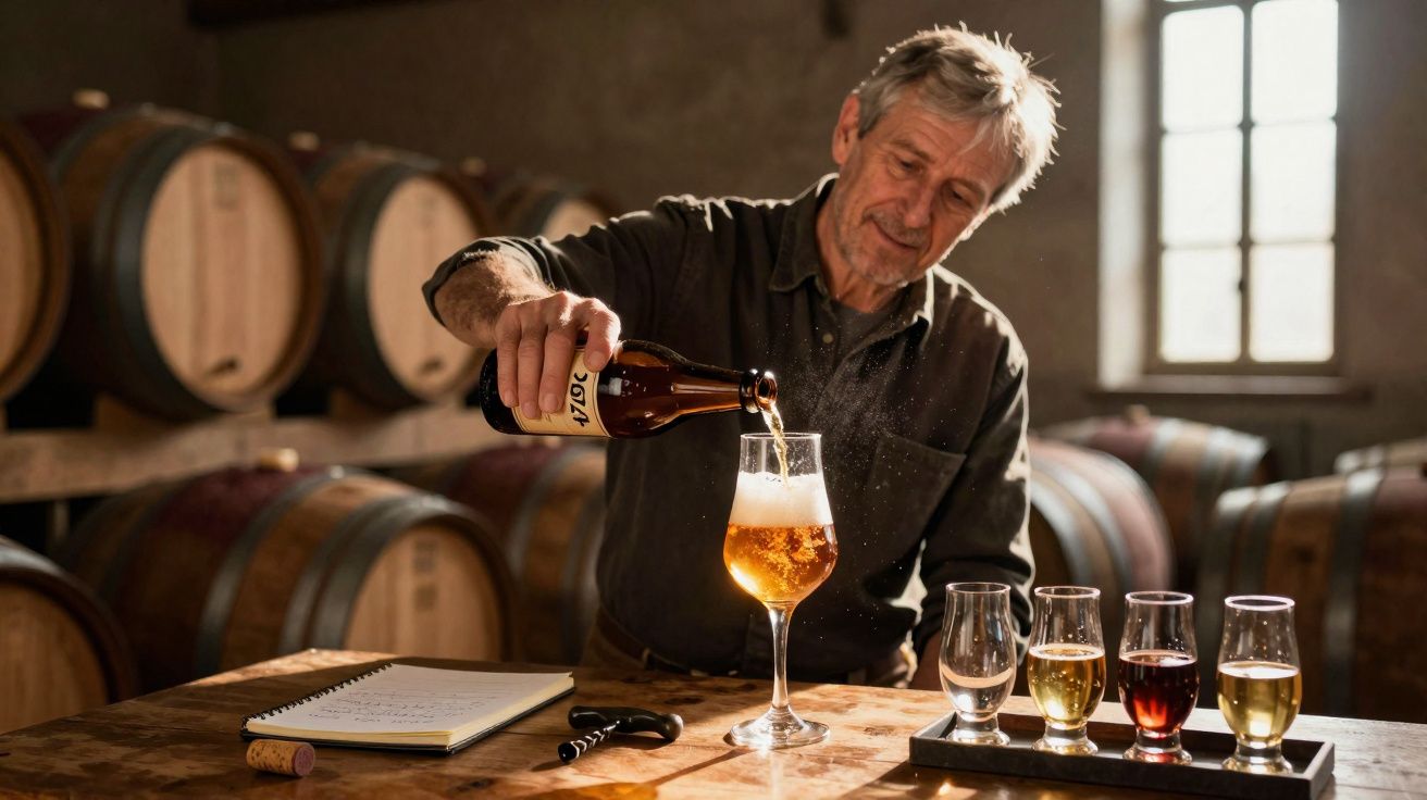 Homem despejando cerveja dourada em copo dentro de adega com barris ao fundo.
