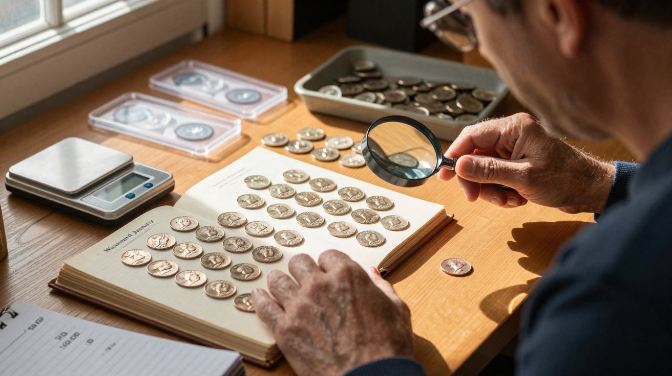Pessoa examinando moedas antigas com lupa sobre livro de catálogo em mesa de madeira iluminada pela luz natural.
