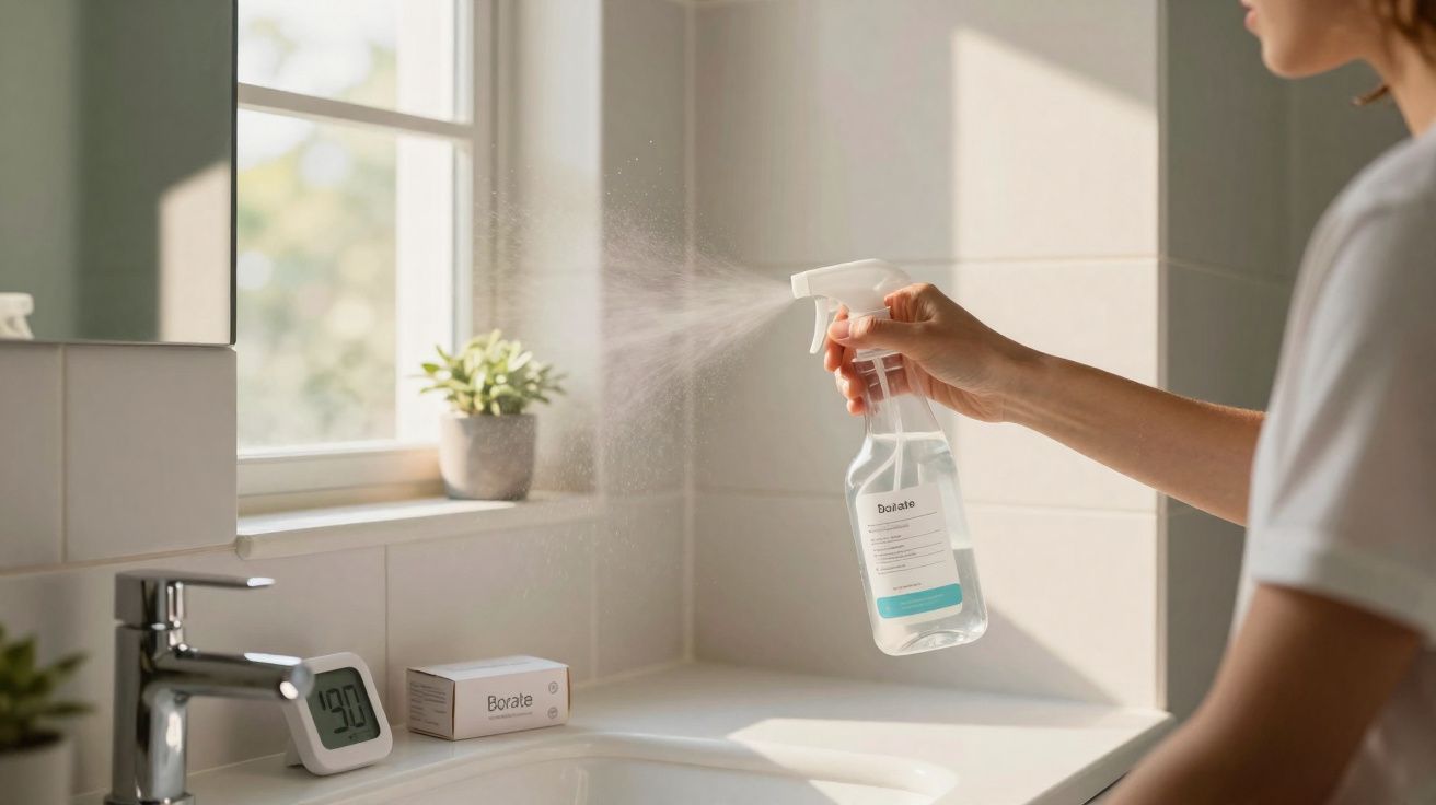 Pessoa borrifando produto de limpeza transparente em janela de banheiro claro e moderno.