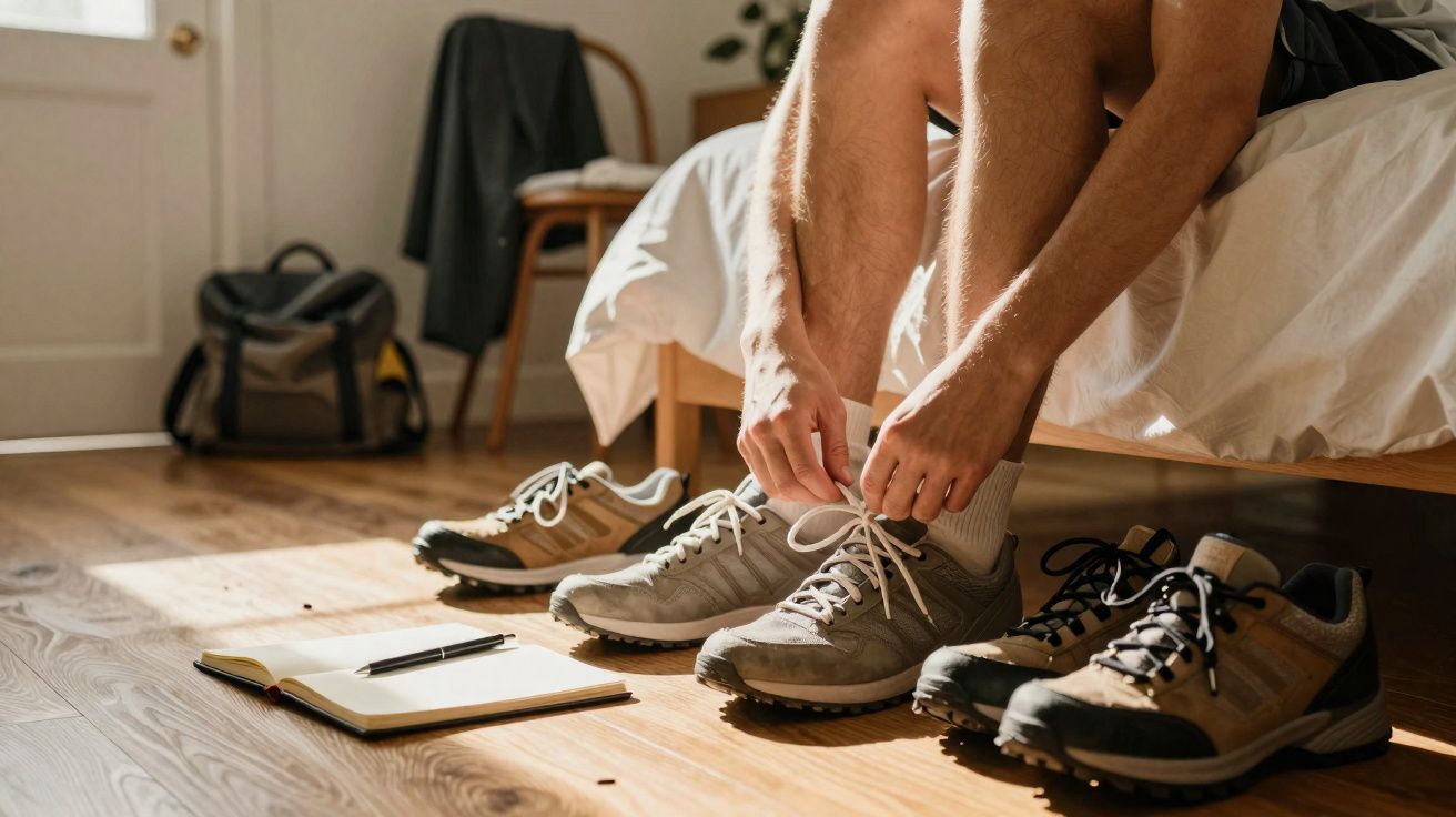 Pessoa sentada na cama amarrando tênis cinza, com outros pares de tênis e caderno no chão de madeira.