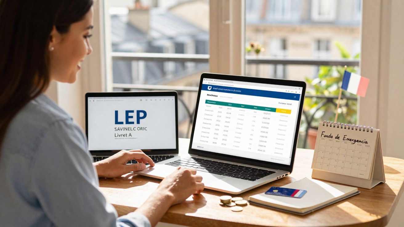 Mulher mexendo em notebook e laptop com controle financeiro na tela e calendário de fundo de emergência na mesa.