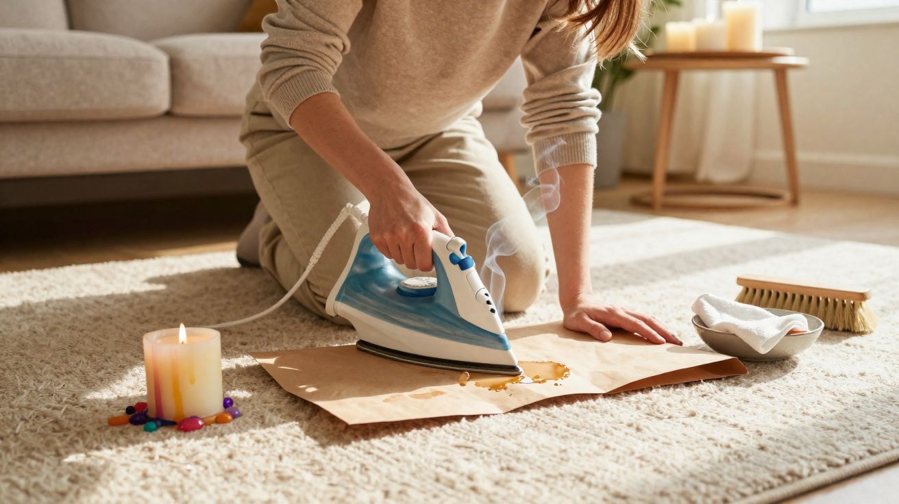 Pessoa usando ferro quente para remover mancha de líquido em tapete claro, com vela acesa ao lado.