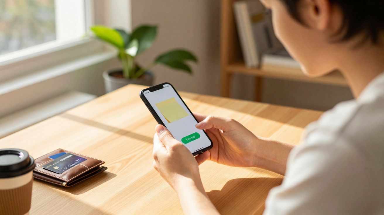 Pessoa segurando celular com tela de aplicativo em mesa de madeira com carteira e copo descartável.