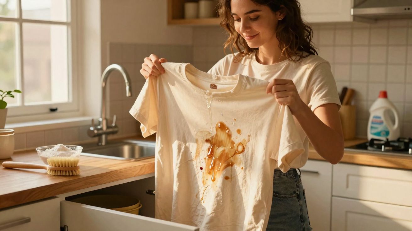 Mulher sorrindo segurando camiseta branca com mancha marrom na cozinha iluminada pela luz do dia.