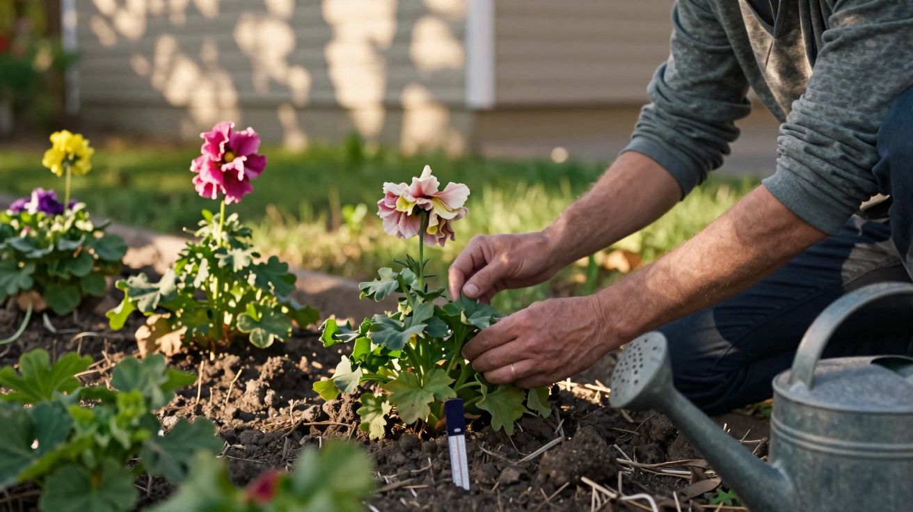 Pessoa cuidando de flores coloridas em jardim com regador ao lado em dia ensolarado.