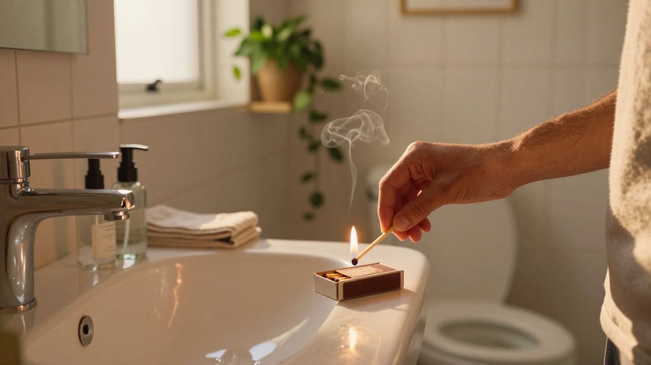 Mão acendendo um fósforo em uma caixa sobre a pia de banheiro iluminado.