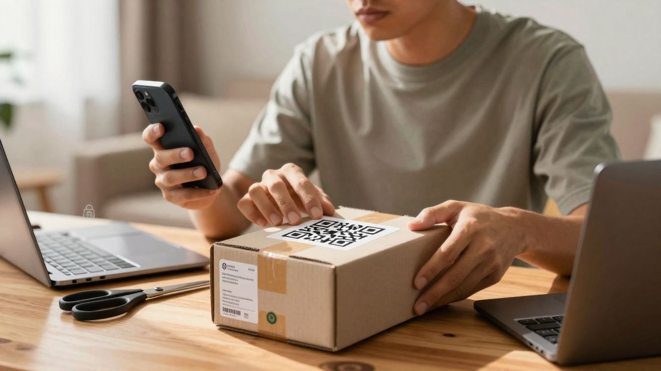 Pessoa escaneando código QR em caixa de papelão com smartphone, ao lado de dois notebooks e tesoura.