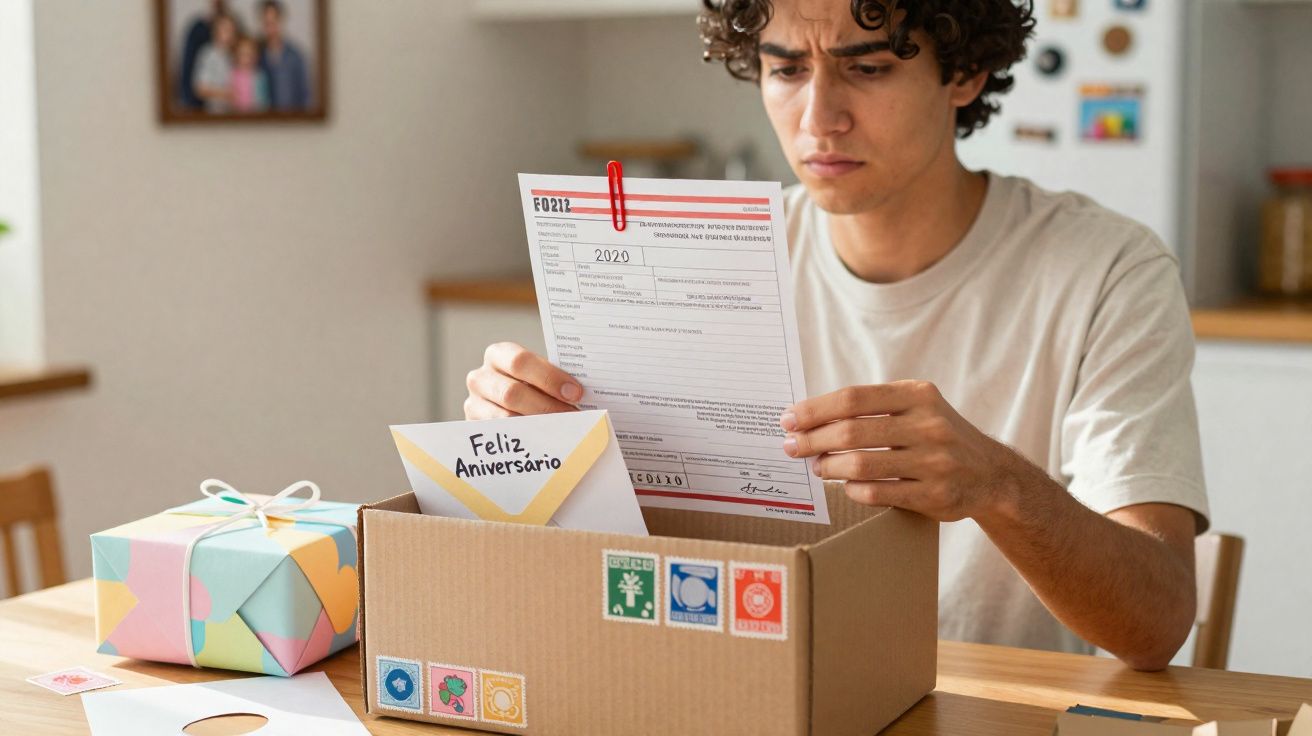 Jovem com expressão preocupada segurando documentos ao lado de caixa com envelope de aniversário e presente colorido.