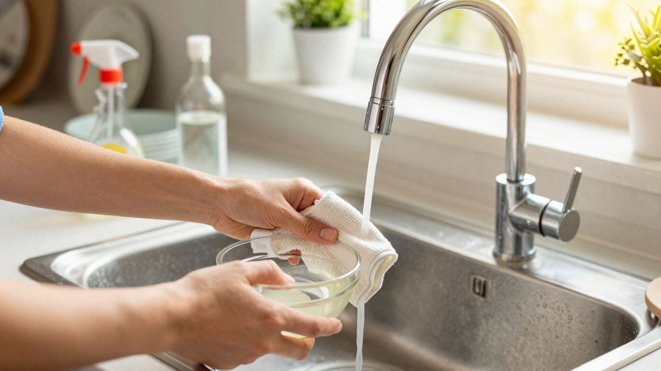 Mãos lavando tigela de vidro em pia com água corrente e pano branco, perto de janela ensolarada.